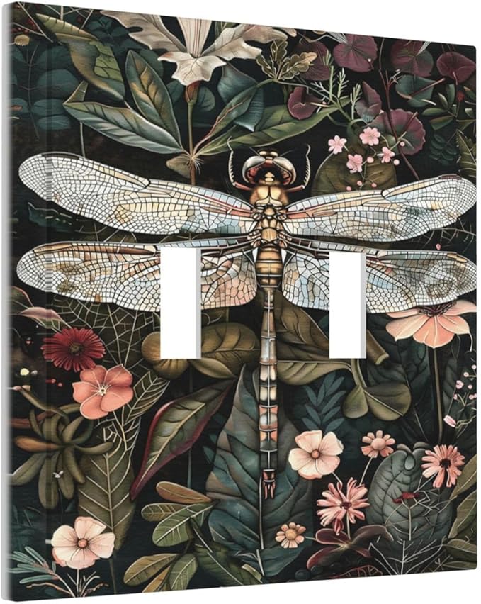 Vintage Dark Green Dragonfly Flowers Floral Botanical Decorative Switch Plates 2 Gang Double Toggle Outlet Light Switch Cover Wall Plate Electrical Faceplate for Farmhouse Home Decor