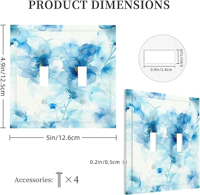 Watercolor Flower Blue White Large Floral Leaf Plants Decorative Switch Plates 2 Gang Double Toggle Outlet Light Switch Cover Wall Plate Electrical Faceplate for Bedroom Living Room Decor
