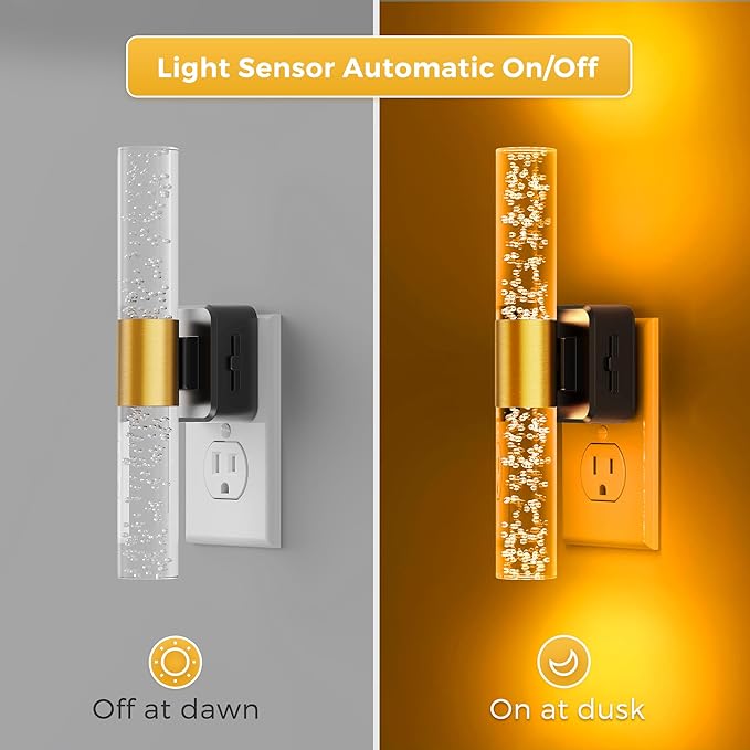 L LOHAS LED Amber Night Light, Bubble Acrylic Night Lights Plug into Wall, 180° Rotating Nightlights, Yellow Nightlights Dimmable, Light Sensor, Sleep Light for Kids Bedroom Bathroom Hallway, 2-Pack