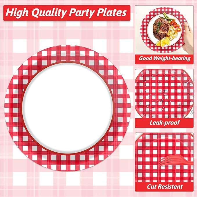 Naozinebi 200pcs Red and White Plates Napkins Checkered Plaid Paper Tableware Set Cake Dessert Disposable Dinnerware Spring Picnic Party Decoration for Baby Shower Birthday Decor Supplies Serves 50