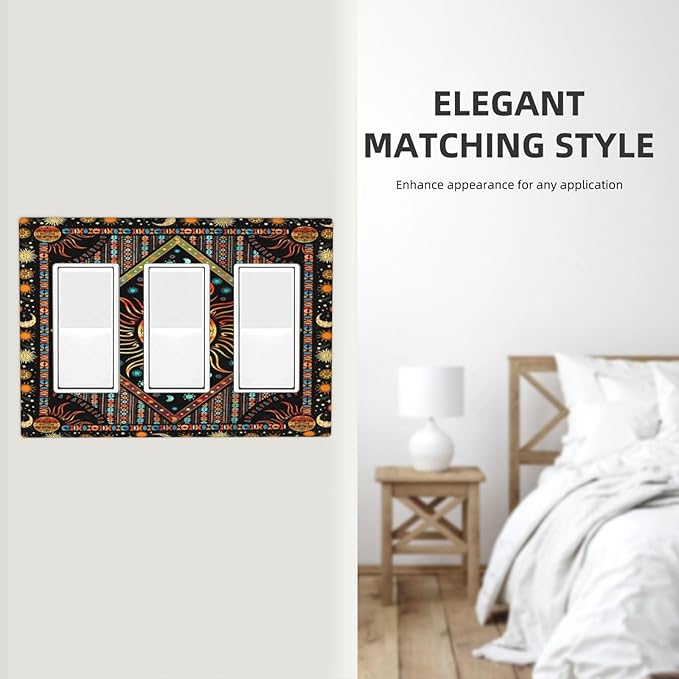 Light Switch Cover Boho Burning Sun Hippie Retro Bohemian Gypsy 3 Gang Wall Plate Triple Light Switch Plate Rocker GFCI Outlet Covers Decorative Receptacle Cover for Bathroom Home Decor