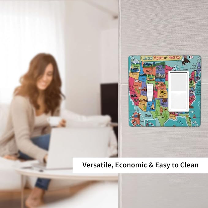 American Map 2 Gang Single Toggle/Rocker Combination Light Switch Cover Decorative Wall Plate Faceplate Boys Kids Teen Girl Bedroom Room Decorate 4.5" x 4.5