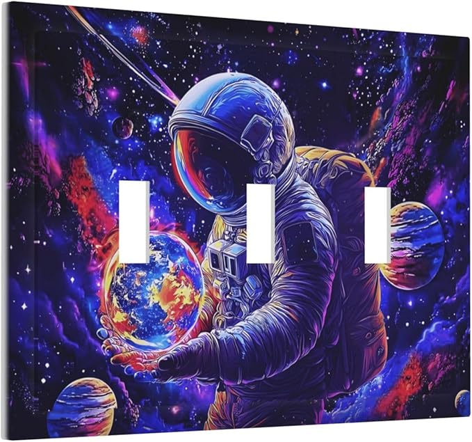 Astronaut Space Cool Galaxy Planet Decorative Switch Plates 3 Gang Wall Plate Triple Toggle Light Switch Cover Faceplate Electrical Wall Panels for Kids Room Nursery Decor