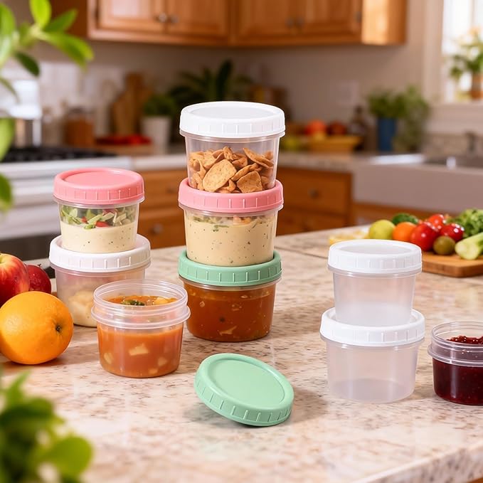 DEMORA 5 oz Small Plastic Containers with Twist on Lids [20 Sets], Stackable Little Food Storage Containers for Snack Lunch Meal Prep Salad Dressings, Freezer/Microwave/Dishwasher Safe, BPA Free