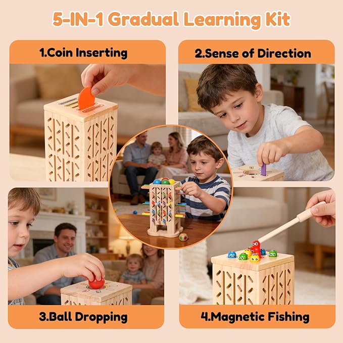 Montessori Toys Wooden Board Games for Kids 4-6, 5-in-1 Fine Motor Skills Educational Games for 3 4 5 6 Year Olds, Colorful Wooden Stick Game with Dice, Family Travel Games for Boys Girls