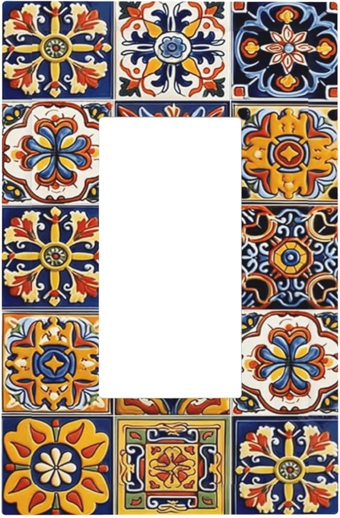 Mexican Talavera Tiles Flower Vintage Decorative Outlet Covers 1 Gang Single Rocker Light Switch Cover Plate Wall Plates GFCI Faceplate for Kitchen Bathroom Decor