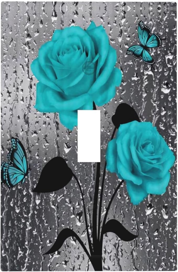 Aqua Teal Blue Floral Rose Flower Decorative 1-Gang Outlet Light Switch Cover Single Toggle Face Wall Plate Romantic Butterfly Women Girl Valentine's Day Lover Electrical Receptacle Cover Mid Size
