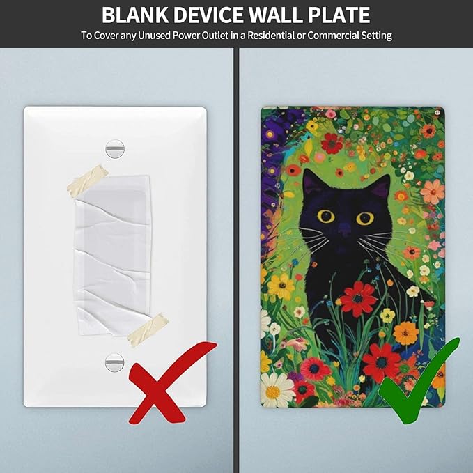 Decorative Art Light Switch Covers BlackCat&Flowers 1 Gang No Device Blank Switchplate Electrical Faceplate for Home Decor