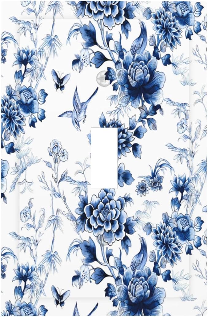Blue Flower White Floral Plant Bird Butterfly Decorative Light Switch Cover 1 Gang Single Toggle Device Electrical Faceplate Switchplates Decorator Outlet Wall Plate for Bedroom Living Room Decor