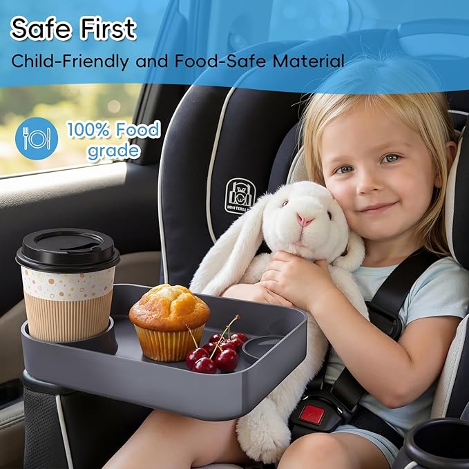Kids Car Seat Tray, Travel Tray with Cup Holder for Toddler Baby, Kids Car Seat Food Snack Organizer for Road Trip, Stroller Snack Organizer Travel Must Haves Toddler Must Haves (Dark Gray, 2 Packs)
