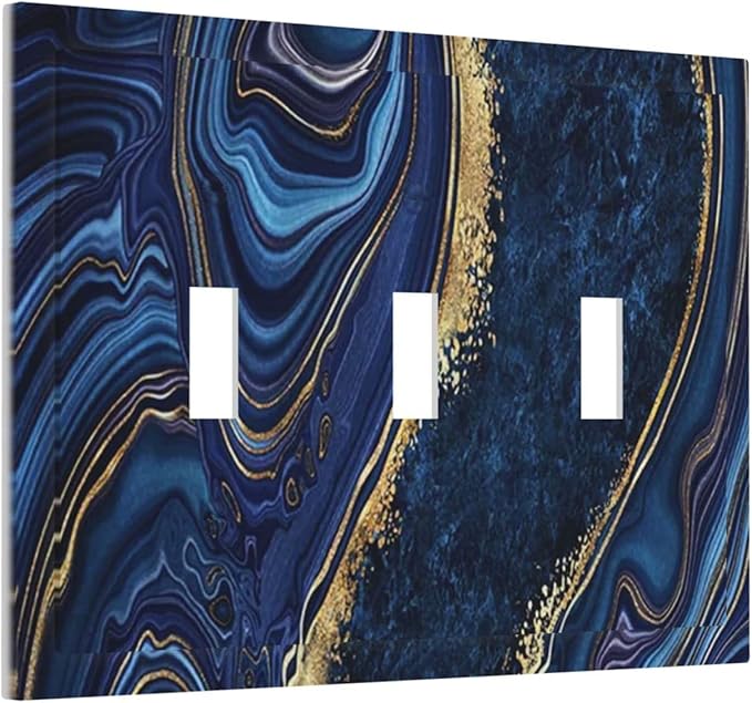 Blue Navy Marble 3 Gang Triple Toggle Light Switch Wall Plate Cover Marble Decorative Electrical Faceplate Teen Kids Boys Navy Blue Gold Abstract Bathroom Home Bedroom Art Panel Decorate 6.7" x 4.8