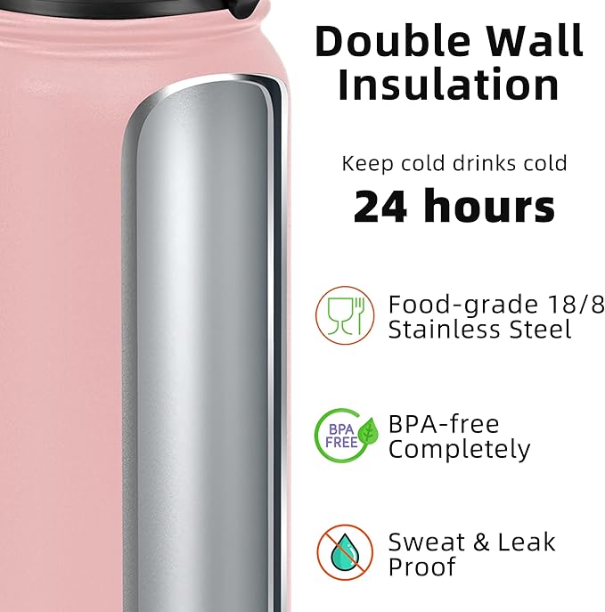 Fanhaw 20 oz Insulated Stainless Steel Water Bottle with Straw Lid, Leakproof & Anti-Dust Sports Bottle for Kids, Women & Men (Pink)