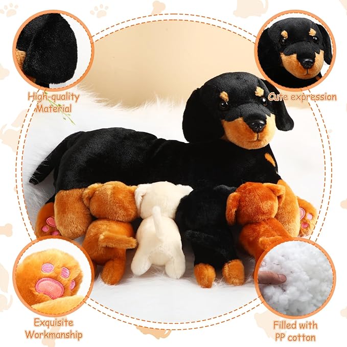 Honoson Nurturing Dog Mommy Plush Set with 4 Baby Puppies Soft Cute Dog Themed Stuffed Plush Toys for Kids Girls Boys Easter Birthday Gifts(Dachshund)
