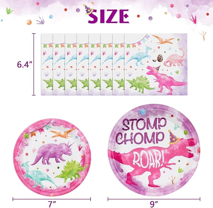 WERNNSAI Girl Dinosaur Party Decorations - 48 PCS Dinosaur Plates and Napkins Pink Dino Birthday Decorations Dino Party Plates Tableware for Kids Birthday Baby Shower Decorations Serves 16 Guests