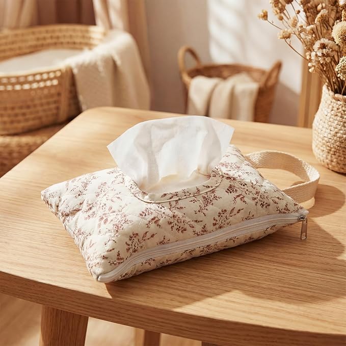 1 Pcs Quilted Diaper and Wipes Pouch Portable Hanging Floral Wet Wipe Bag Diaper Bag Reusable Wipes Pouch for for Stroller Car Travel Infant Diapering Organizer (Beige Floral)