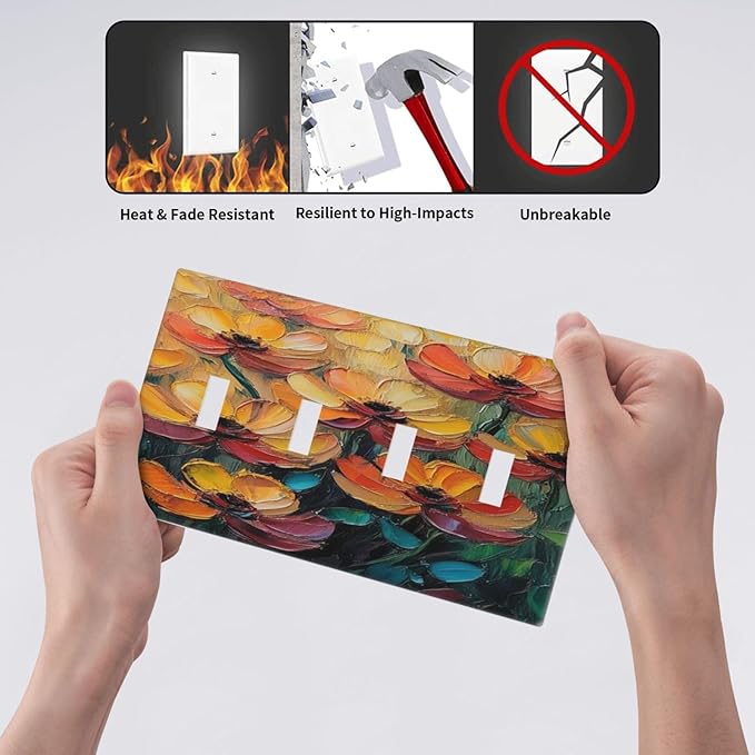 Decorative Art Light Switch Covers Color Flower Blaze Quad Toggle 4 Gang Wall Plate Switch plate Electrical Faceplate for Home Decor