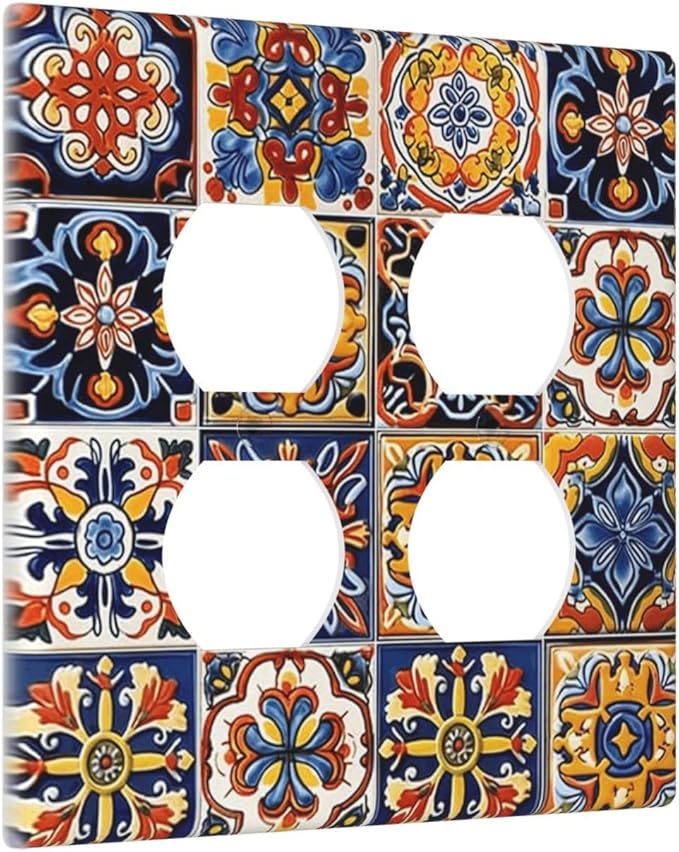 Mexican Talavera Tiles Flower Vintage Outlet Covers 2 Gang Double Duplex Decorative Light Switch Covers Electrical Wallplates Socket Faceplate for Kitchen Bathroom Decor