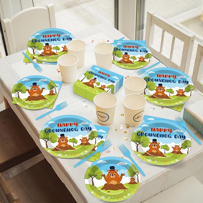 96 Pcs Groundhog Day Plates and Napkins Party Supplies Cute Animals Happy Groundhog Day Decor Tableware for 24 Guests Peeking Out Hole Weather Forecast Spring February 2nd Birthday Party Decorations