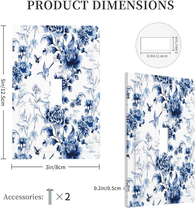 Blue Flower White Floral Plant Bird Butterfly Decorative Light Switch Cover 1 Gang Single Toggle Device Electrical Faceplate Switchplates Decorator Outlet Wall Plate for Bedroom Living Room Decor