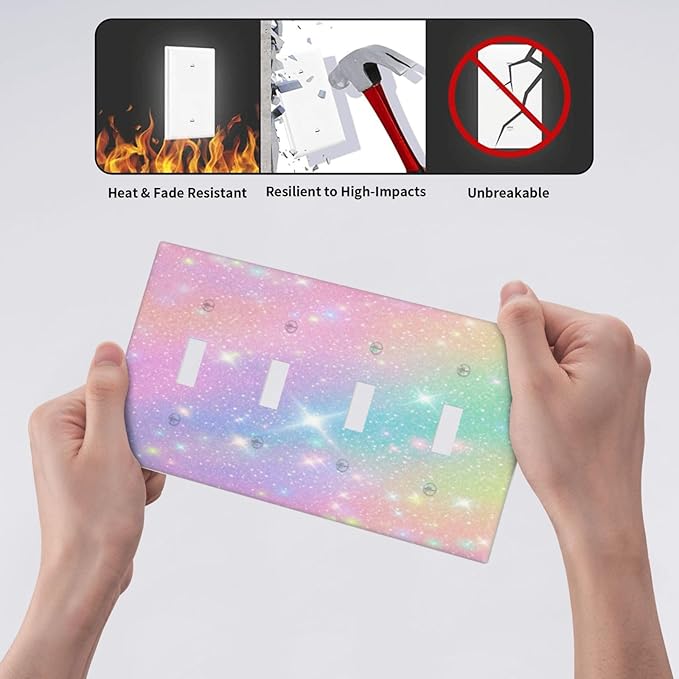 Decorative Light Switch Plate Covers Rainbow Shiny Gradient Colors 4 Gang Wall Plate Switch Cover Plate Quad Toggle Jumbo Electrical Faceplate for Kids Room Nursery Decor