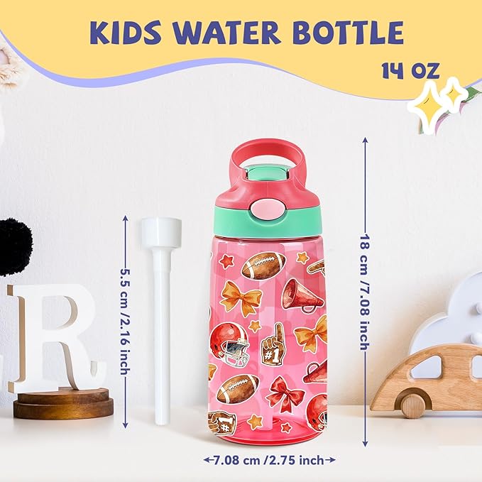 14oz Rugby Car Kids Water Bottle with Straw Lid - Football Water Bottles for Kids, Leakproof, Lightweight, Durable Plastic Bottles for School, Pop-Up Straw Cover, Gift Cup for Girls Boys (Rugby)