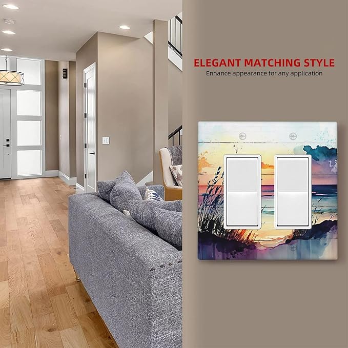 Outlet Covers Sunset Beach Abstract Watercolor 2 Gang Wall Plate Double Rocker Light Switch Cover Nature Coastal Decorative GFCI Receptacle Cover Electrical Switchplate for Home Decor