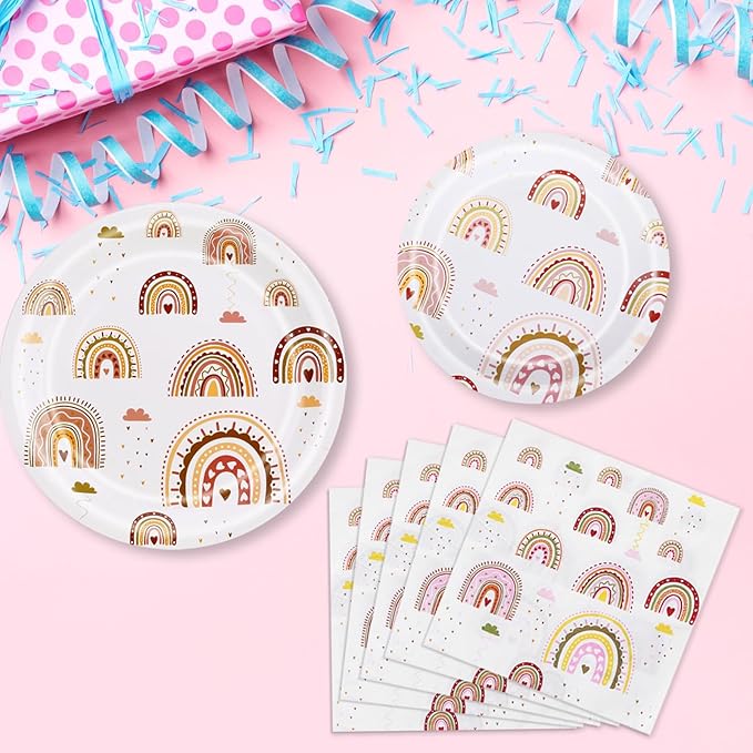 Ryzovo 62 Pcs Boho Rainbow Party Supplies Boho Rainbow Baby Shower Tableware Set Including Paper Plates Napkins Tablecloth for Girls Kids Groovy Boho Birthday Party Baby Shower Decorations | Serve 20