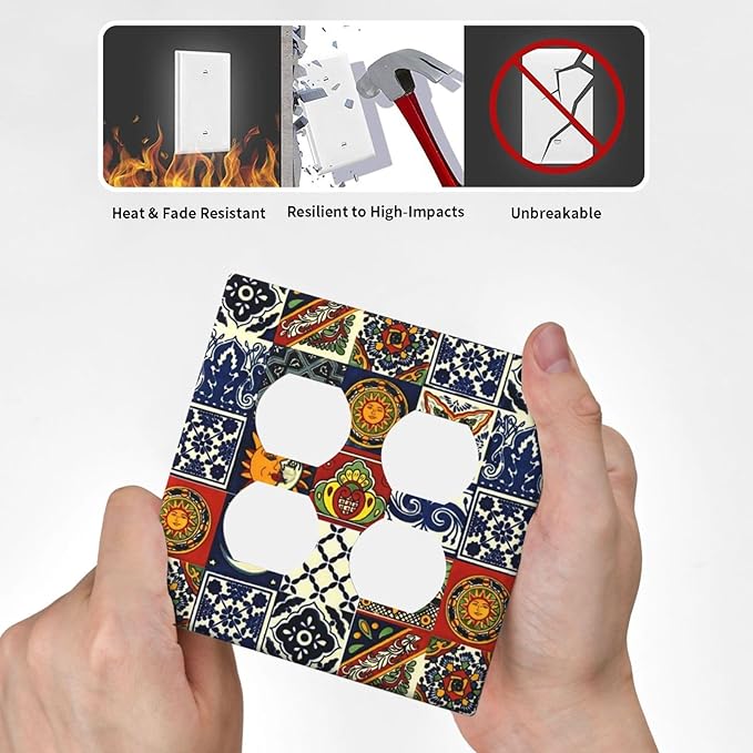 Boho Hippie Sun and Moon Mexican Talavera Tile 2-Gang Device Duplex Wall Plate, Mysterious Hippy Moroccan Tiles Decorative Two Gang Double Duplex Receptacle Socket Outlet and Light Switch Cover Plate