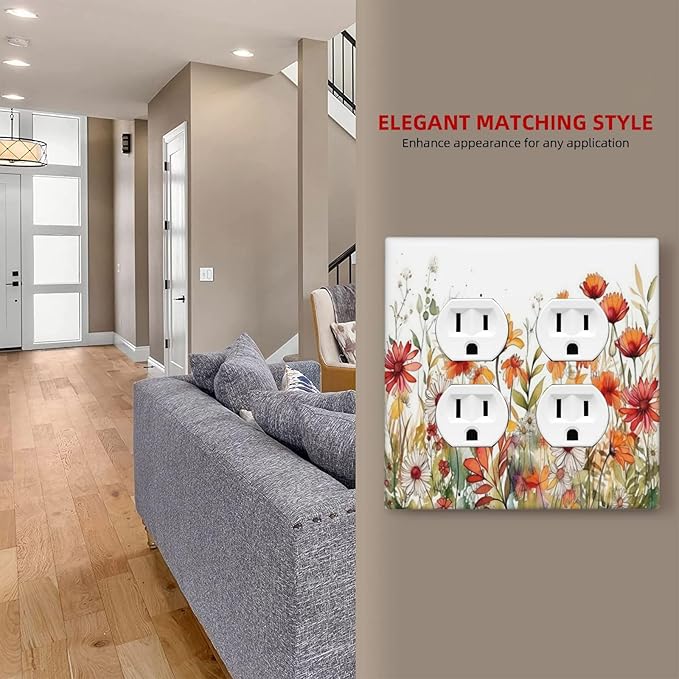 Watercolor Wild Flower Floral Daisy Plant Outlet Covers 2 Gang Double Duplex Decorative Light Switch Covers Electrical Wallplates Socket Faceplate for Bedroom Living Room Decor