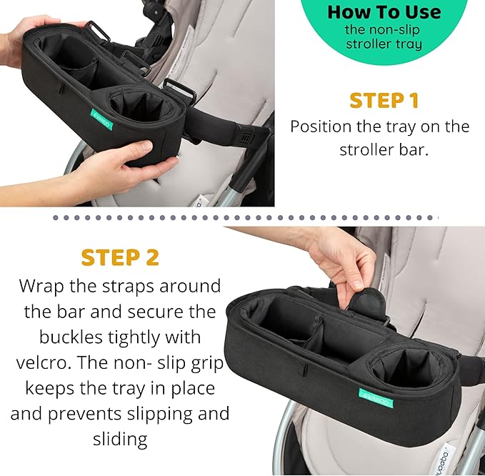 Universal Stroller Tray with Insulated Sippy Cup Holder - Upgraded Rigid Frame Stays Upright - Exclusive Non Slip Straps Firmly Grip Stroller Bar. Universal Stroller Snack Tray Attachment