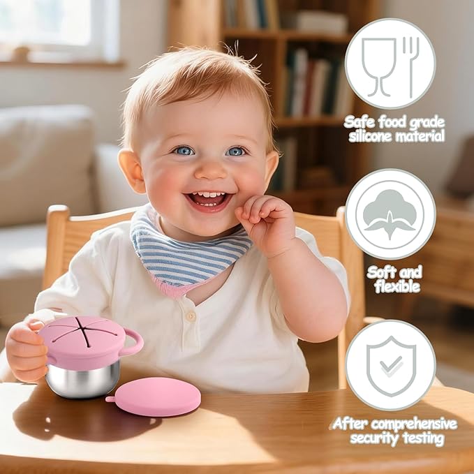 Mity rain Stainless Steel Snack Containers for Toddlers with Spill-Proof Silicone Lids Handles - 3-in-1 Baby Snack Cups, No-Spill Toddler Snack Box (Light Green+Pink, Two piece set)