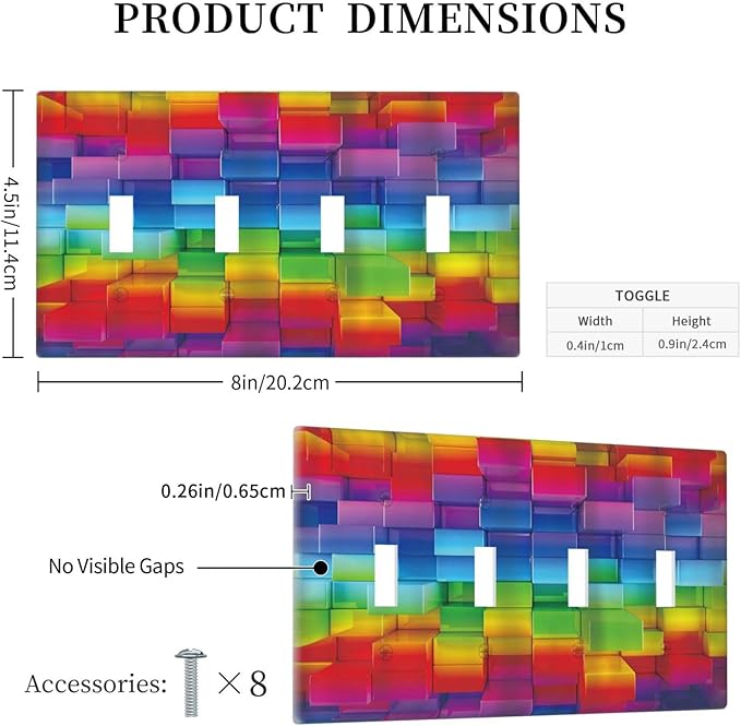 3D Colorful Rainbow Wall Abstract Squre Shaped Quad Toggle Light Switch Covers Decorative Unique 4 Gang Wall Plate Electrical Faceplate Switchplate for Kitchen Bedroom Bathroom Decor