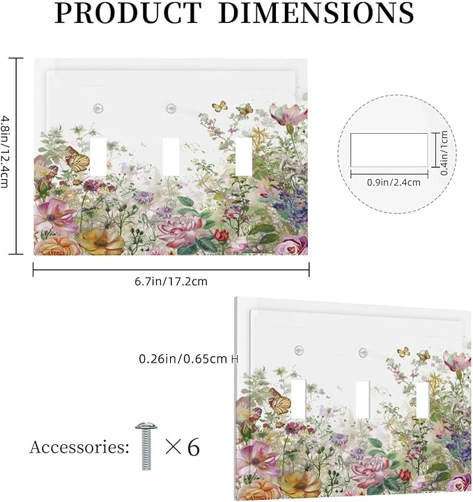 Decorative Switch Plates Boho Wildflower Colorful Floral Butterfly 3 Gang Wall Plate Triple Toggle Light Switch Cover Faceplate Electrical Wall Panels For Bed Room Living Room Decor