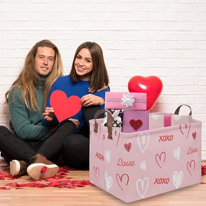 FXOLCSHE Rectangular Girl Pink Basket,XOXO heart gift box,Pink baskets with Handle Organizer,Nursery hamper,Gift baskest,Shelf Basket(XOXO hearts）