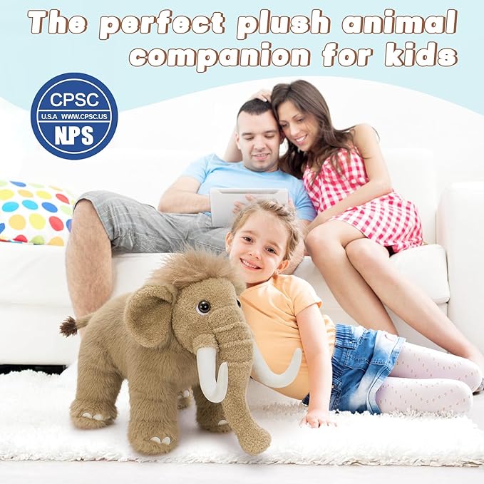 BENINY Woolly Mammoth Plush Toy, Cute Soft Elephant Stuffed Animal for Boys Girls Kids, 16" Cuddly Christmas Birthday Gift for Ancient Animal Lover
