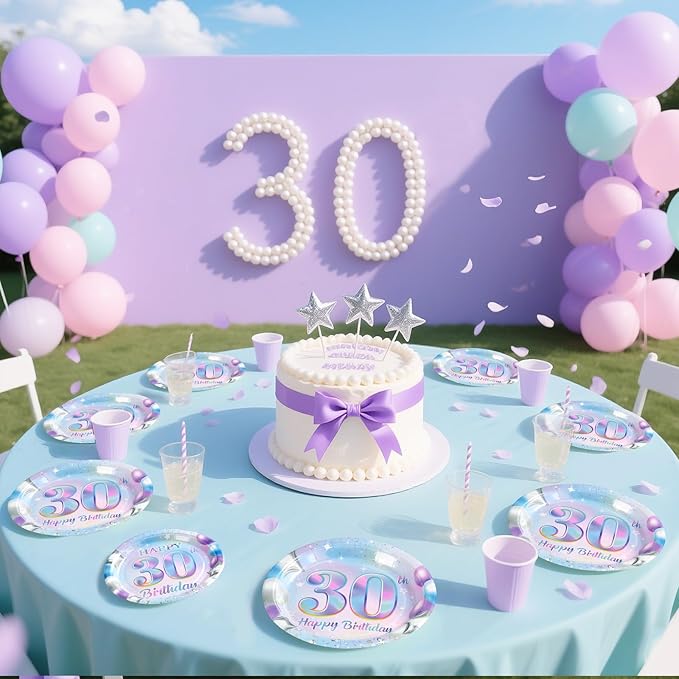 Grencian 96Pcs 30th Birthday Decorations Iridescent 30th Birthday Party Plates Disposable 350GSM Sweet 30 Years Paper Tableware Set for Women 30 Years Old Party Supplies Serves 24