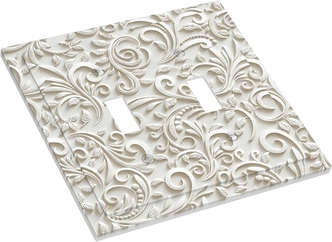 White Floral Vine 2-Gang Double Toggle Wall Plate, French Scroll Printed Pattern Light Switch Cover, Neutral Farmhouse Decor for Bedroom Bathroom Living Room