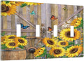 Rustic Sunflower Barn Door Country Wood Plank Butterfly Quad Toggle Light Switch Covers Decorative 4 Gang Wall Plate Electrical Faceplate Switchplate for Farmhouse Bathroom Bedroom Decor