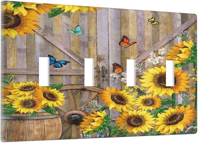 Rustic Sunflower Barn Door Country Wood Plank Butterfly Quad Toggle Light Switch Covers Decorative 4 Gang Wall Plate Electrical Faceplate Switchplate for Farmhouse Bathroom Bedroom Decor
