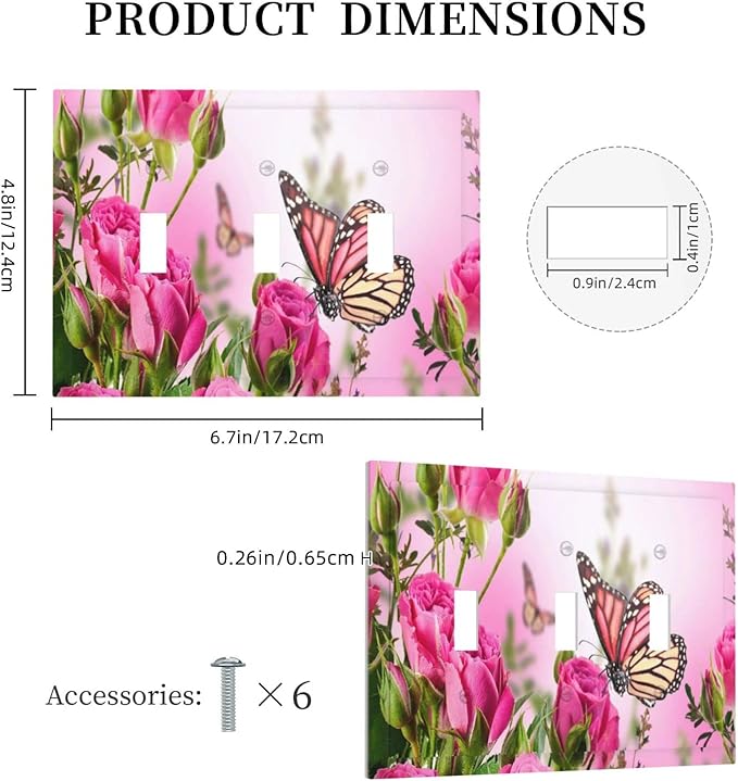 Vintage Pink Wildflower Flower Butterfly Farmhouse Botanical Triple Toggle Light Switch Cover Decorative 3 Gang Wall Plate Switchplate Home Faceplate Rose Butterfly Rustic Barn Kitchen Bathroom Decor