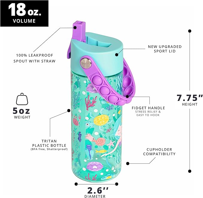 Elemental Leak Proof Water Bottles for Kids - Splash Kids Water Bottle for School with Pop-it Handle - Tritan Plastic Water Bottle with Straw - Mermaid & Rose - 18oz (2 Pack)