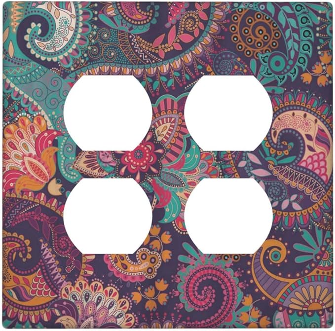 Mandala Boho Paisley Purple Floral Colorful Flower Outlet Covers 2 Gang Double Duplex Decorative Light Switch Covers Electrical Wallplates Socket Faceplate for Home Bedroom Decor
