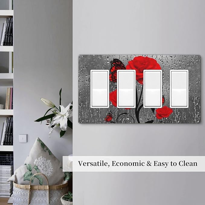 Butterfly Red Rose Flower 4 Gang Quad Rocker/Decor Light Switch Cover Plate Decorative Electrical Faceplate For Girls Bathroom Room Decorate Jumbo Size Screwless 8.3" x 4.6