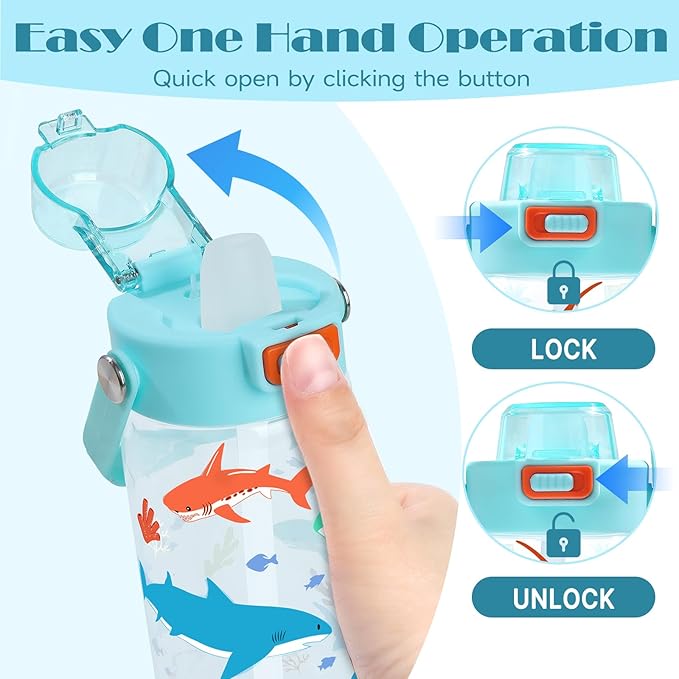 Queenshin Kids Shark Water Bottle 20oz BPA Free Tritan Boys Girls School Outdoor Sports Leak Proof Water Cup with Straw Lid Handle Pop-Up Spout Cover