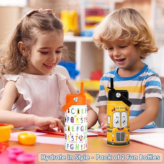 Kid Water Bottle 12oz with Straw Lid - 2-Pack Insulated Stainless Steel Water Bottles for Kids Girls Boys - Travel Cup for Back to School Sports Christmas Birthday (Alphabet & School Bus)