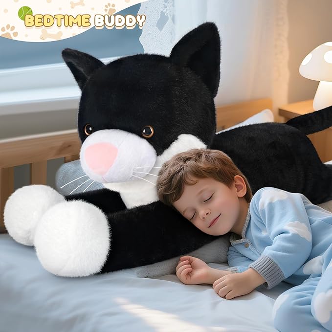 SuzziPals 43 inch Black and White Cat Stuffed Animal, Lifelike Tuxedo Cat Plush Toy for Stress Relief & Companion, Extra Soft Giant Stuffed Animals, Giant Plushies Gifts for Kids Adults