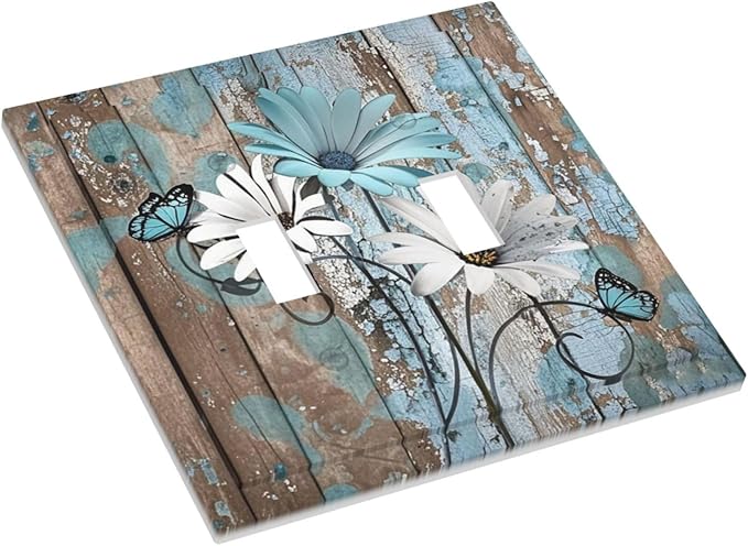 Decorative Switch Plates Rustic Flower Teal Turquoise Daisy Butterfly 2 Gang Double Toggle Outlet Light Switch Cover Wall Plate Electrical Faceplate For Farmhouse Cabin Decor