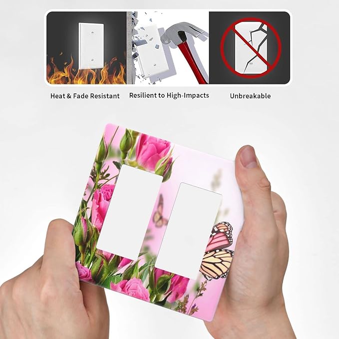 Pink Flower Butterfly 2 Gang Double Rocker/Decor Light Switch Cover Decorative Outlet Wall Plate Electrical Faceplate Spring Floral Plant Pink Green Home Bedroom Art Panel Decor Screwless 4.7" x 4.6