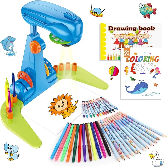 Sumsoltic Drawing Projector for Kids, Art and Craft Kit, Including Colored Pencils, Crayons, Coloring Books, Toys for 3+ Year Old Boys (Blue Drawing Kit v1)