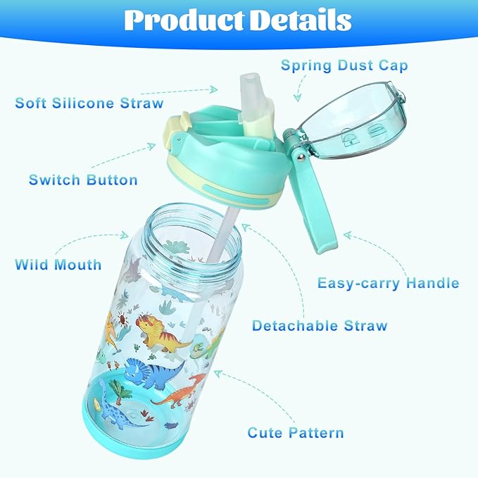 decalsweet Kids Water Bottle 20oz Durable Leak-Proof Plastic Water Cup for Kids Toddlers,With Straw Handle and Pop-Up Spout Cover,Safe for School Sports Daycare Travel & Camp Pack of 2